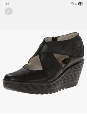 Fly London Leather Yogo Wedge Pump Black Size 38 = 7/7.5